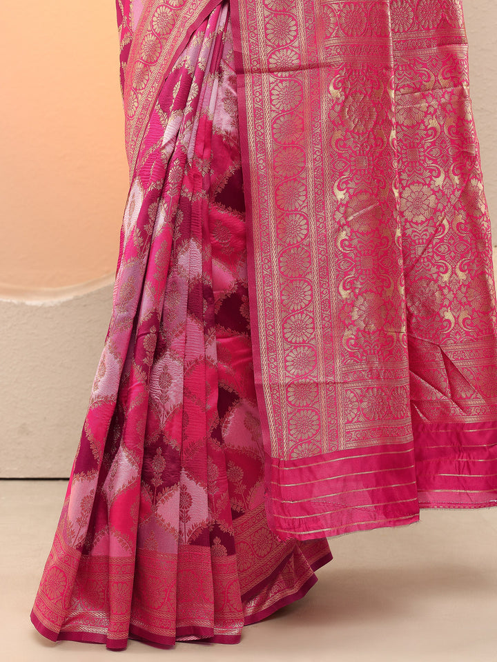 Pink Woven Design Silk Blend Sarees With Unstitched Blouse Piece