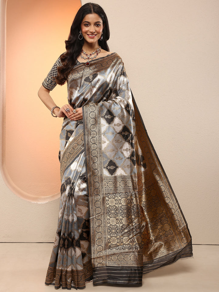 Grey Woven Design Silk Blend Sarees With Unstitched Blouse Piece