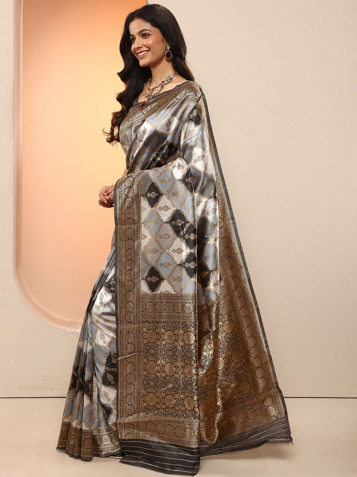 Grey Woven Design Silk Blend Sarees With Unstitched Blouse Piece