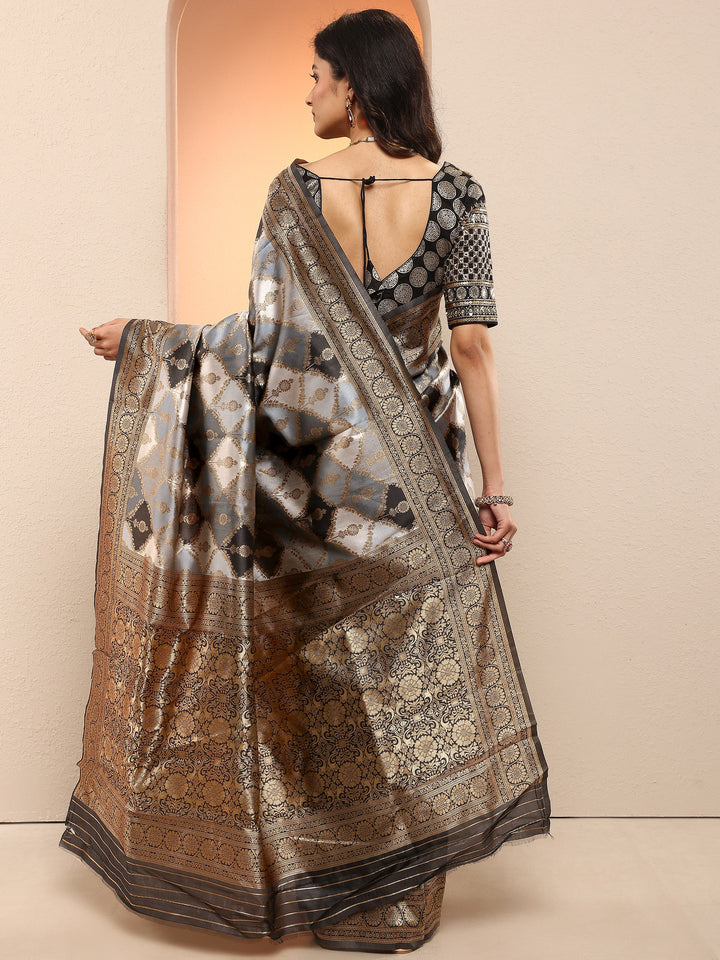 Grey Woven Design Silk Blend Sarees With Unstitched Blouse Piece