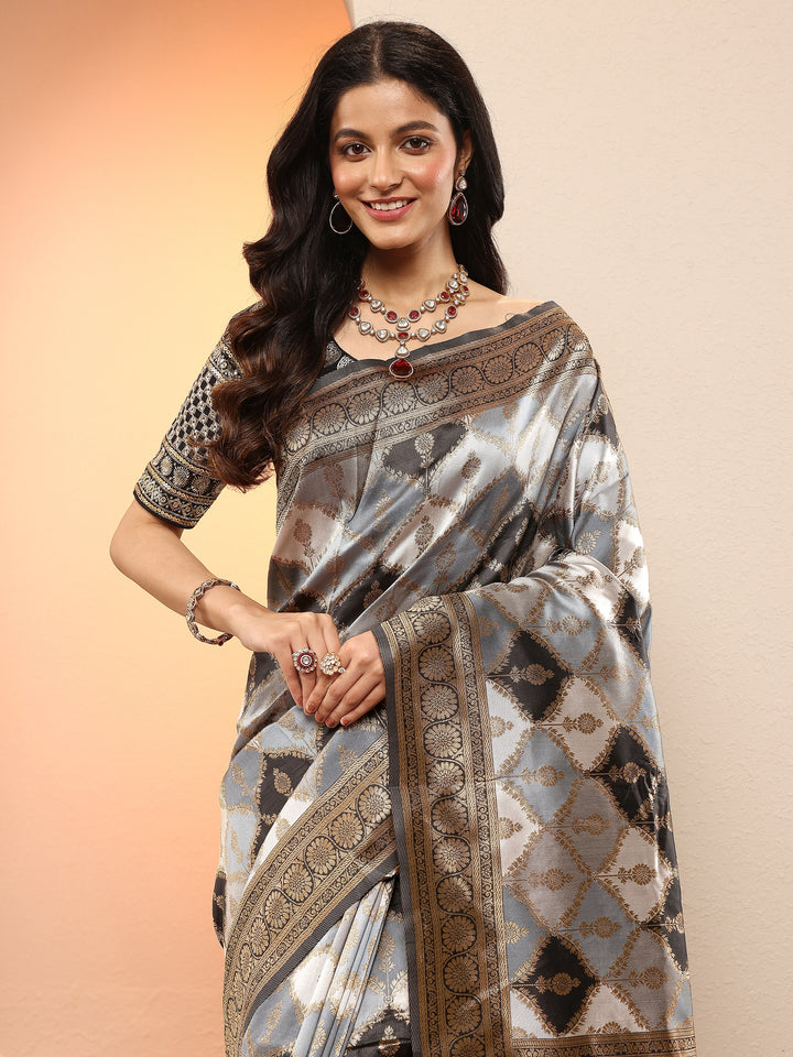 Grey Woven Design Silk Blend Sarees With Unstitched Blouse Piece