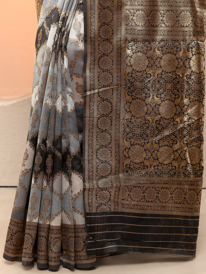 Grey Woven Design Silk Blend Sarees With Unstitched Blouse Piece