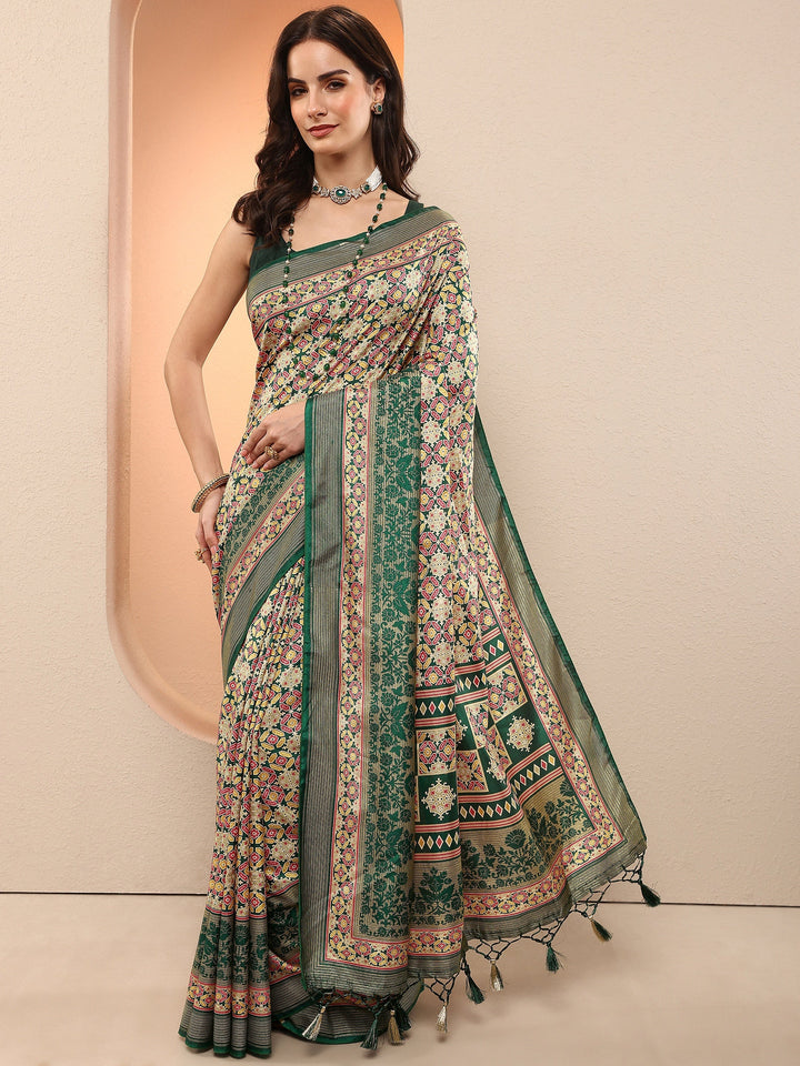 Green Printed Silk Blend Sarees With Unstitched Blouse Piece