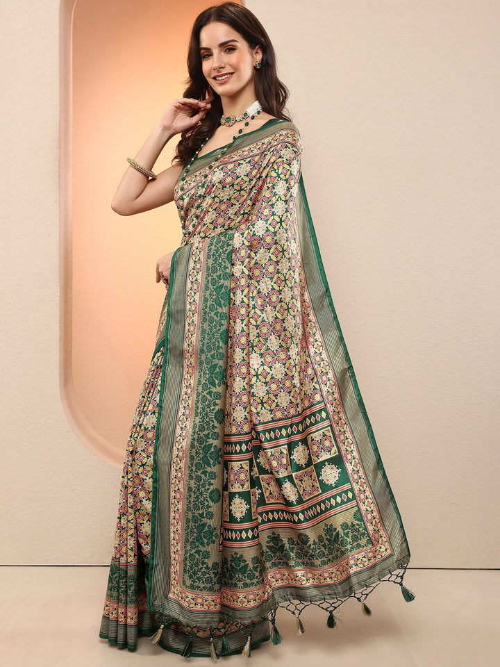 Green Printed Silk Blend Sarees With Unstitched Blouse Piece