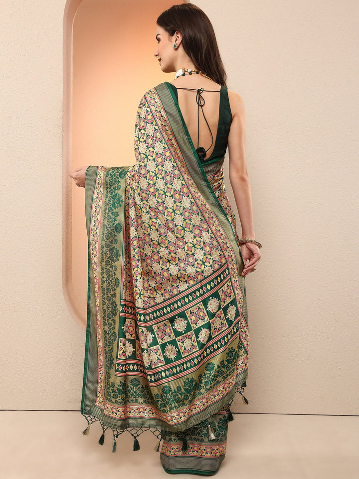 Green Printed Silk Blend Sarees With Unstitched Blouse Piece