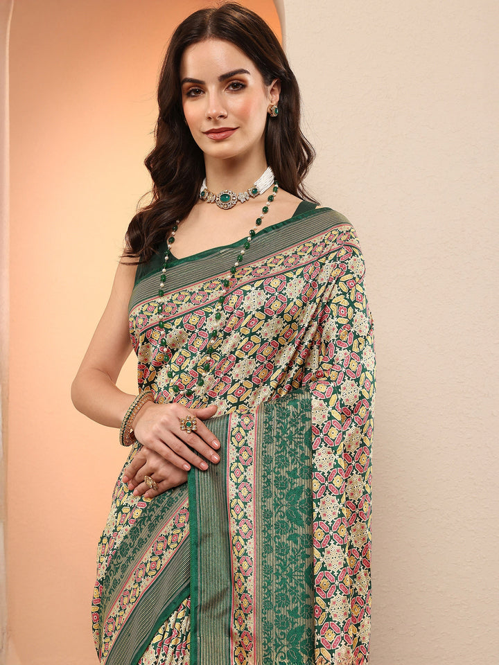 Green Printed Silk Blend Sarees With Unstitched Blouse Piece
