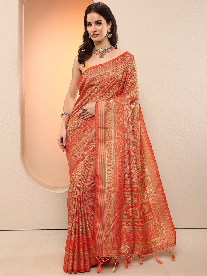 Orange Printed Silk Blend Sarees With Unstitched Blouse Piece