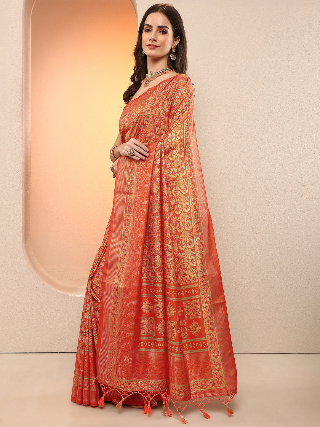 Orange Printed Silk Blend Sarees With Unstitched Blouse Piece