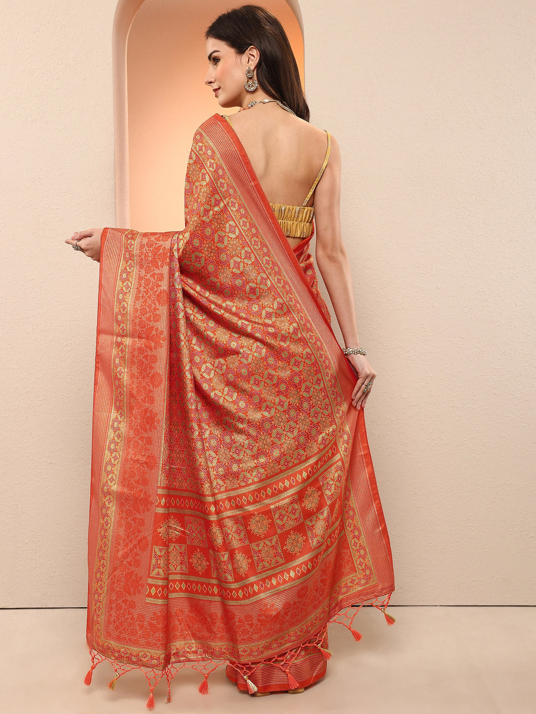 Orange Printed Silk Blend Sarees With Unstitched Blouse Piece