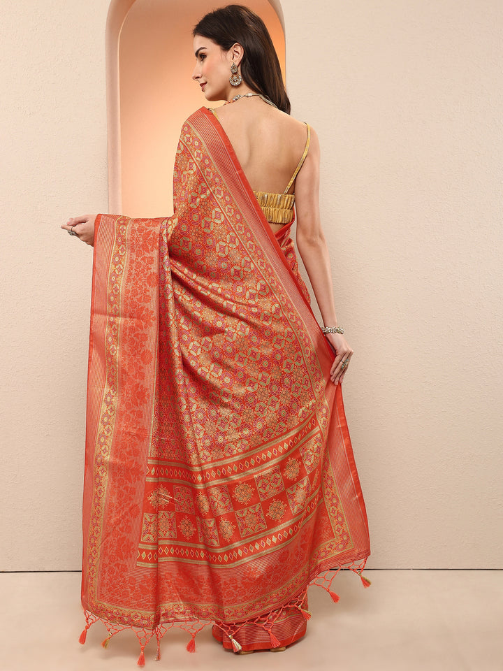 Orange Printed Silk Blend Sarees With Unstitched Blouse Piece