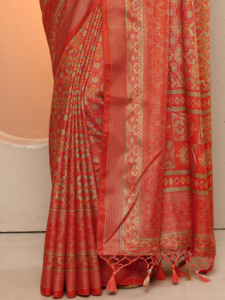 Orange Printed Silk Blend Sarees With Unstitched Blouse Piece
