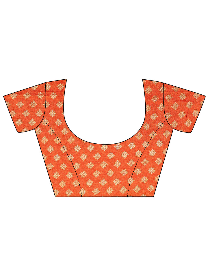 Orange Printed Silk Blend Sarees With Unstitched Blouse Piece