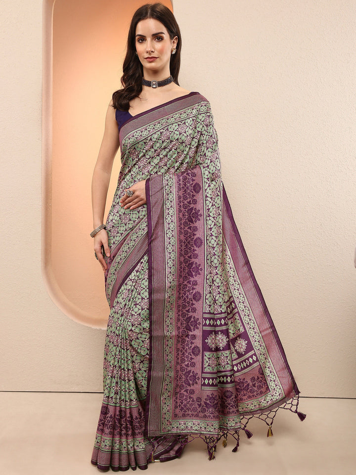 Purple Printed Silk Blend Sarees With Unstitched Blouse Piece