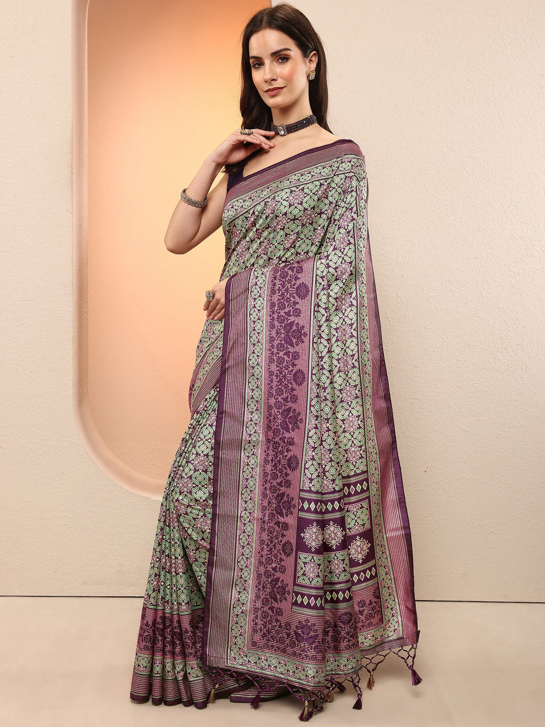 Purple Printed Silk Blend Sarees With Unstitched Blouse Piece