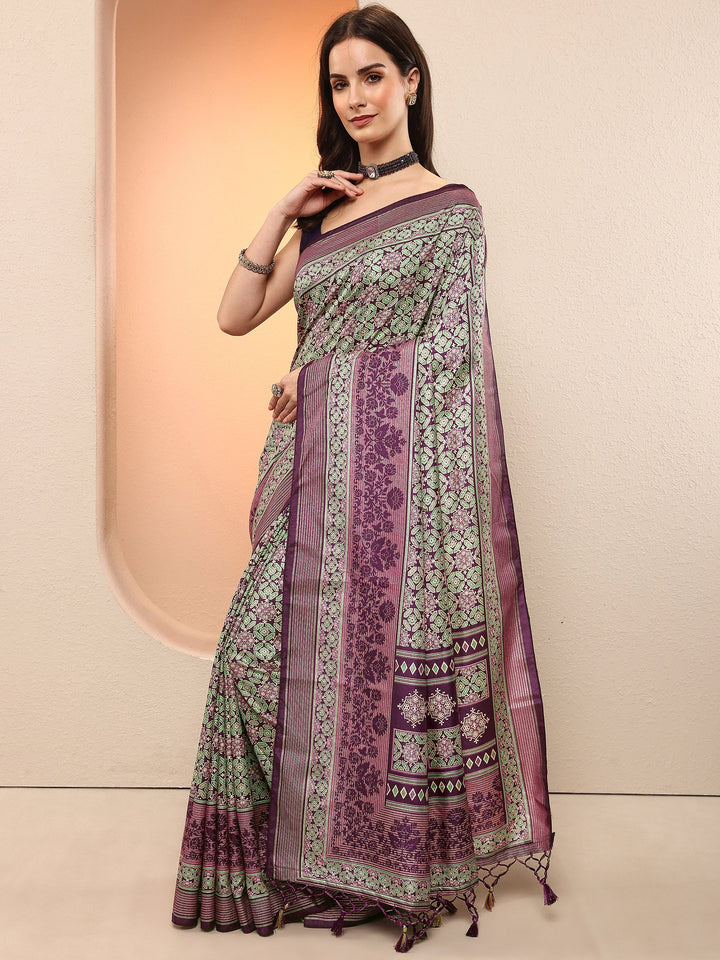Purple Printed Silk Blend Sarees With Unstitched Blouse Piece