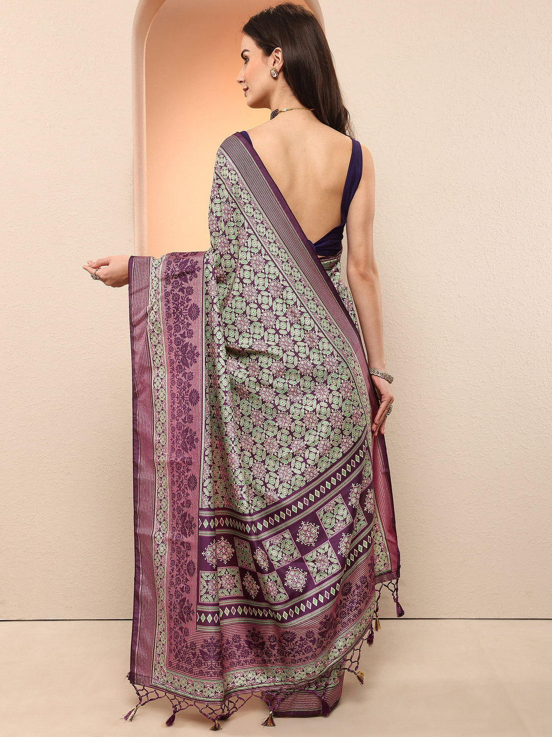 Purple Printed Silk Blend Sarees With Unstitched Blouse Piece