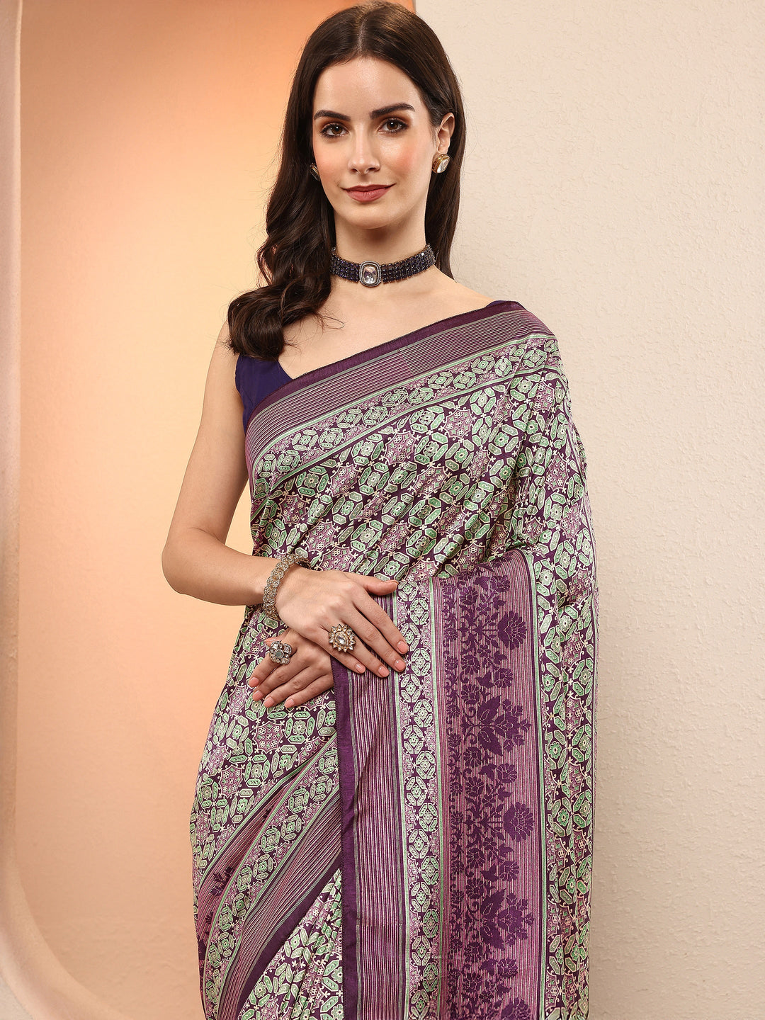 Purple Printed Silk Blend Sarees With Unstitched Blouse Piece