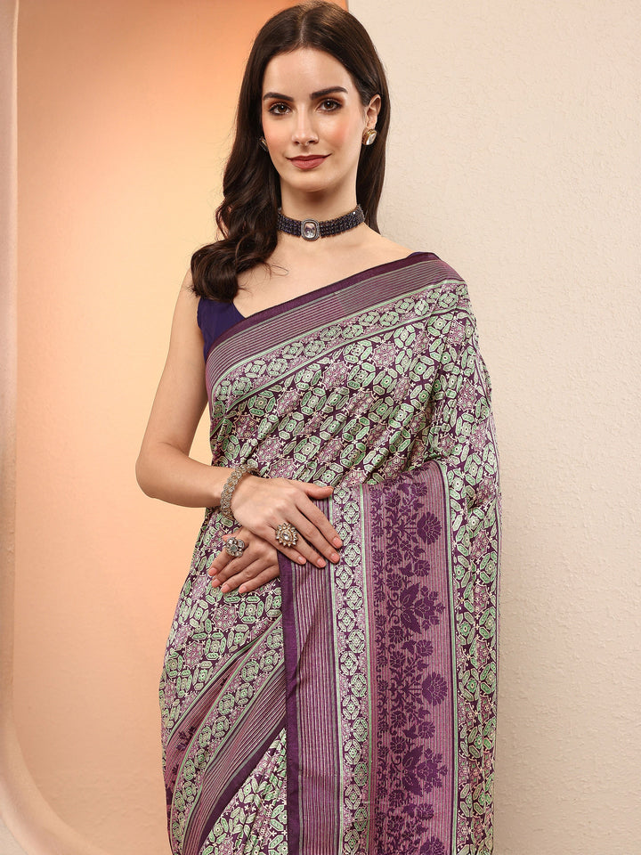 Purple Printed Silk Blend Sarees With Unstitched Blouse Piece