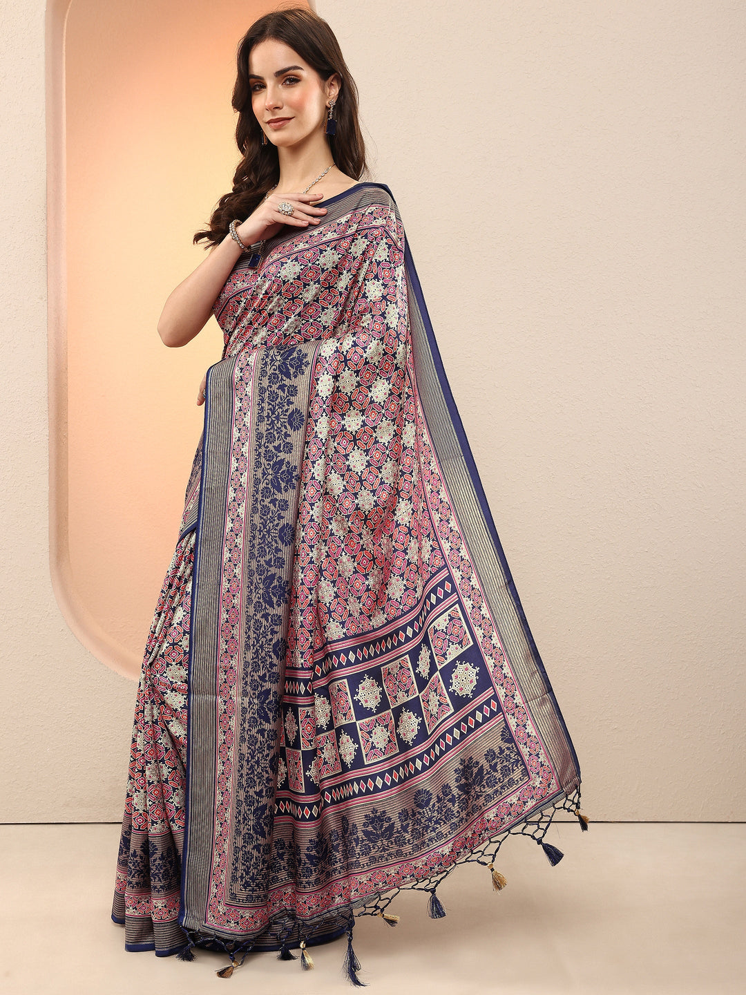 Blue Printed Silk Blend Sarees With Unstitched Blouse Piece