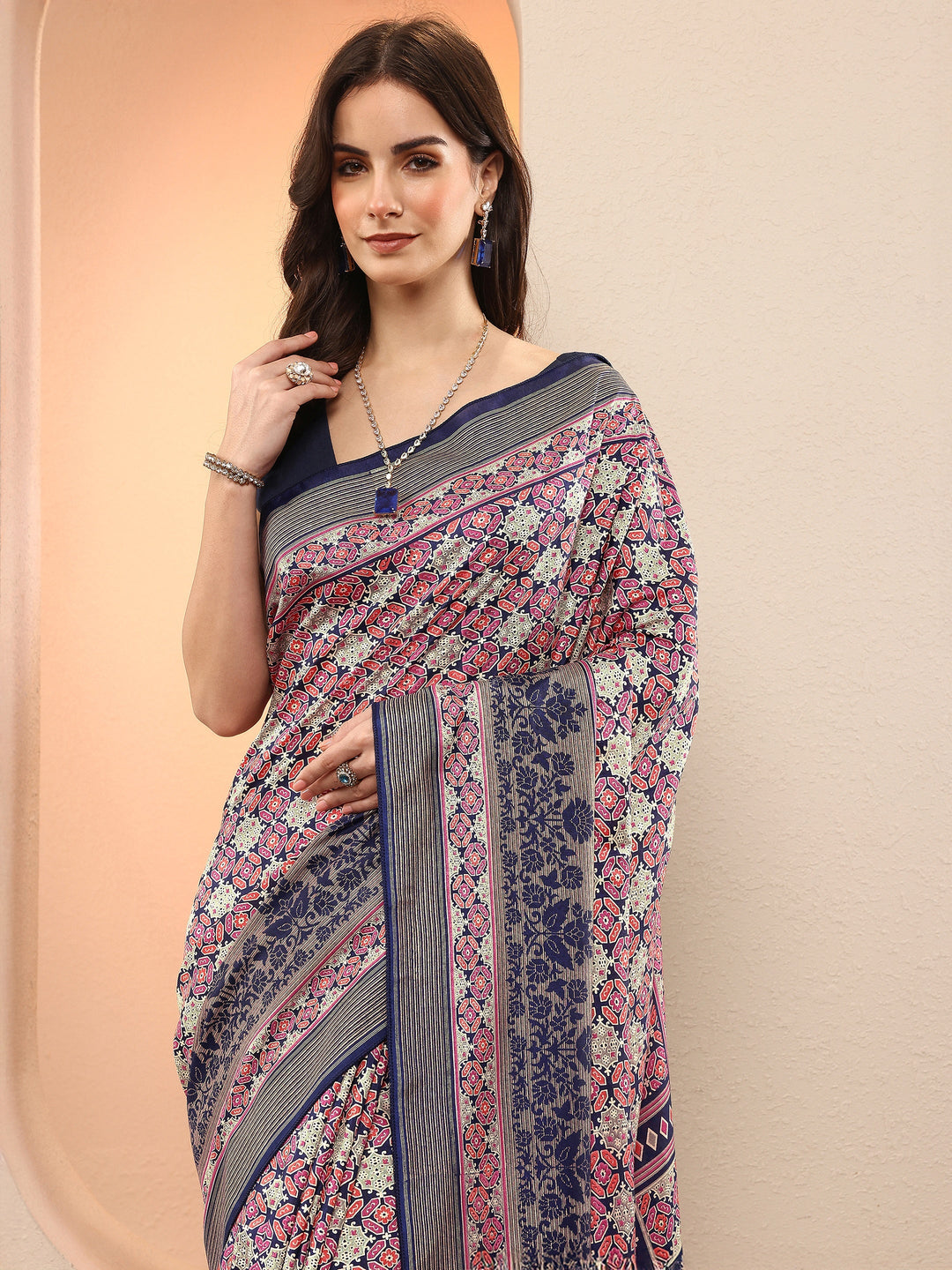Blue Printed Silk Blend Sarees With Unstitched Blouse Piece