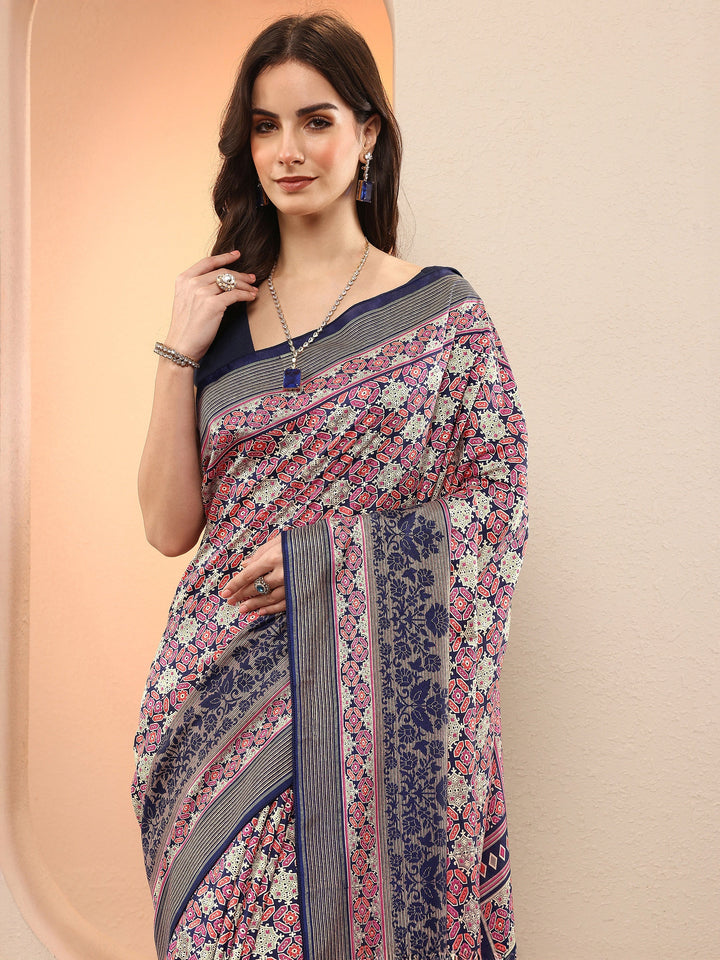 Blue Printed Silk Blend Sarees With Unstitched Blouse Piece