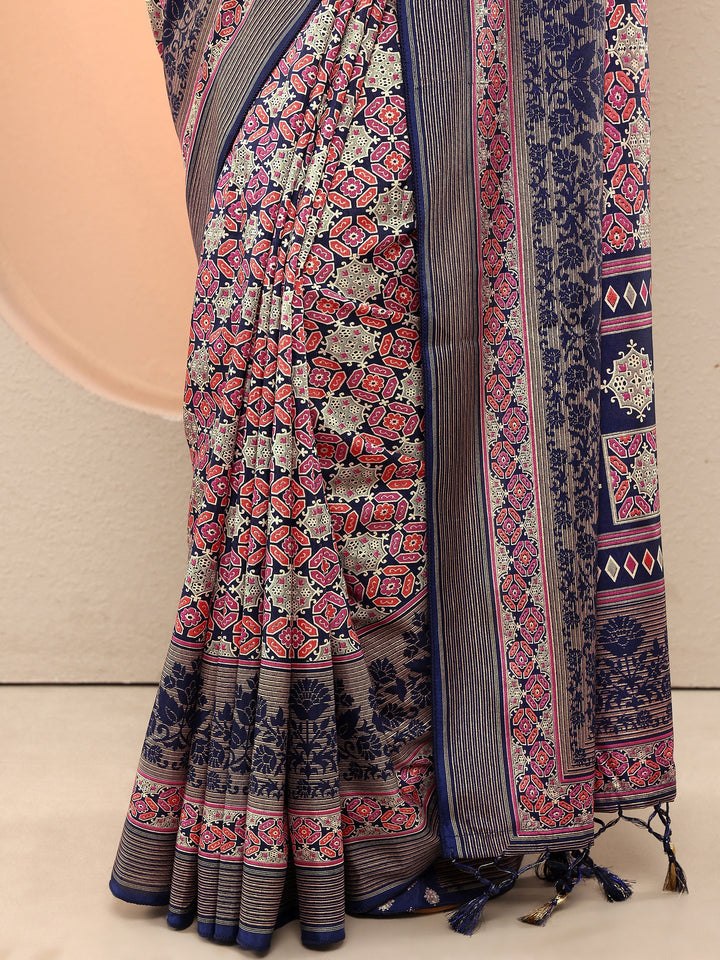 Blue Printed Silk Blend Sarees With Unstitched Blouse Piece