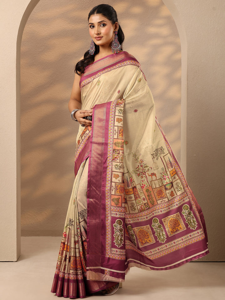 Beige Printed Silk Blend Saree With Unstitched Blouse Piece