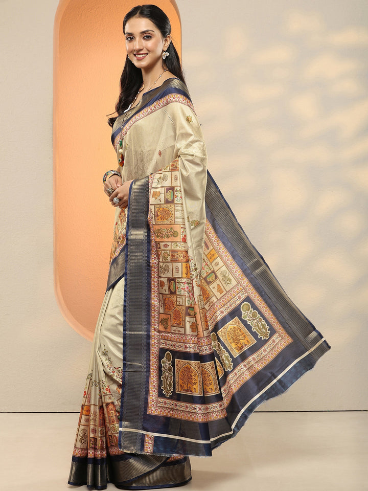 Beige Printed Silk Blend Saree With Unstitched Blouse Piece