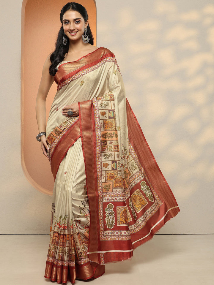 Beige Printed Silk Blend Saree With Unstitched Blouse Piece