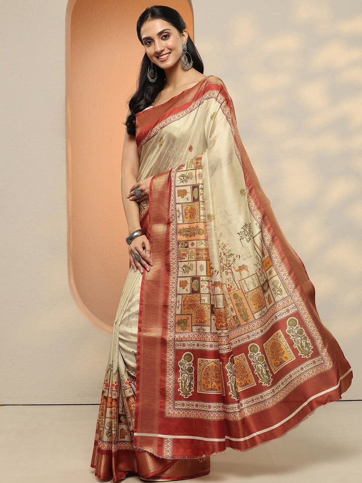 Beige Printed Silk Blend Saree With Unstitched Blouse Piece