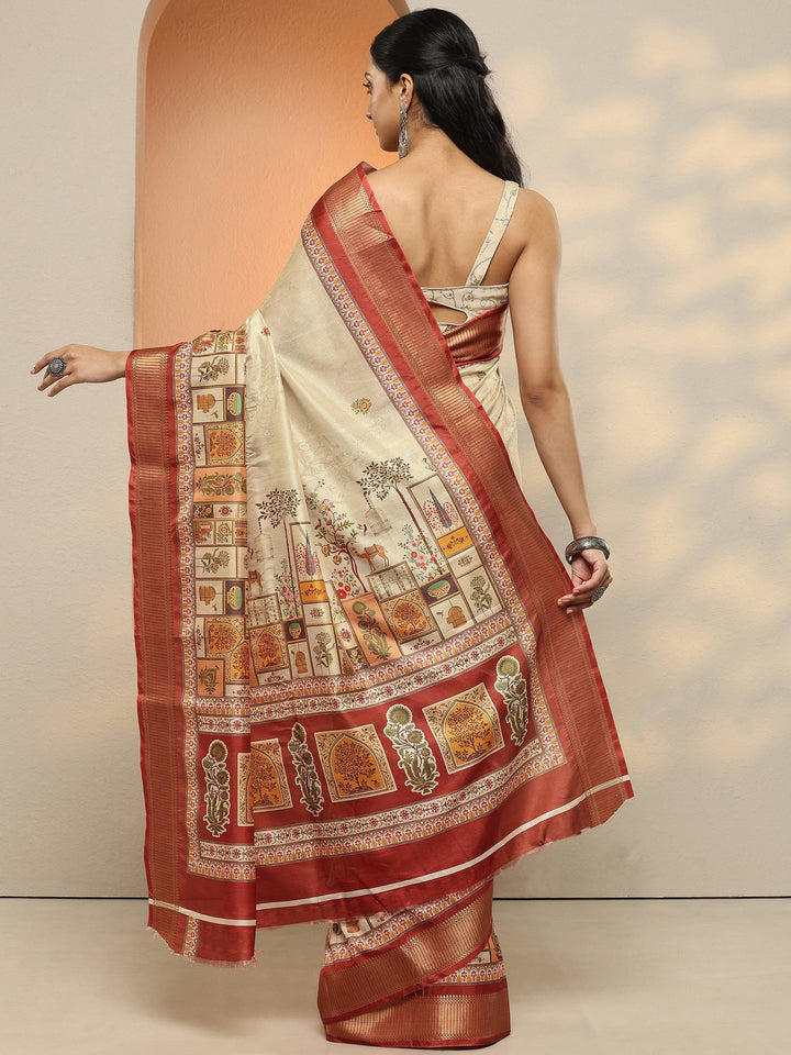 Beige Printed Silk Blend Saree With Unstitched Blouse Piece