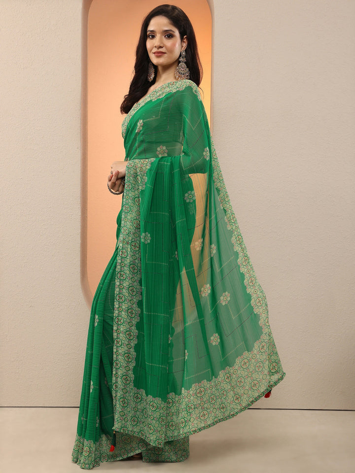 Green Printed Georgette Saree With Unstitched Blouse Piece