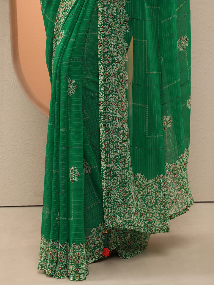 Green Printed Georgette Saree With Unstitched Blouse Piece