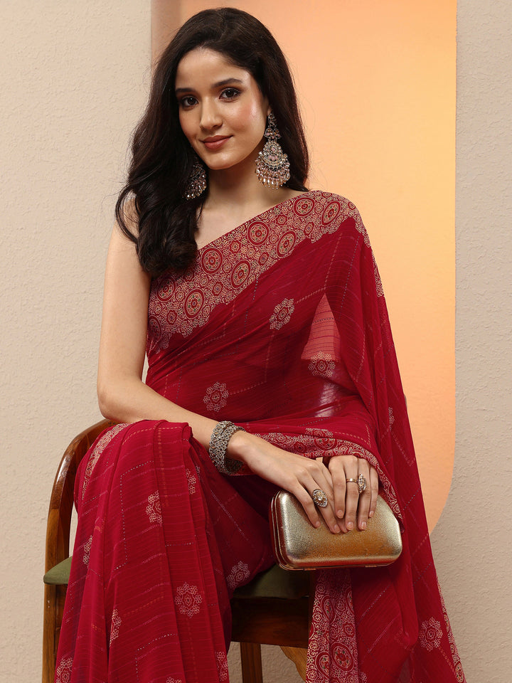 Red Printed Georgette Saree With Unstitched Blouse Piece