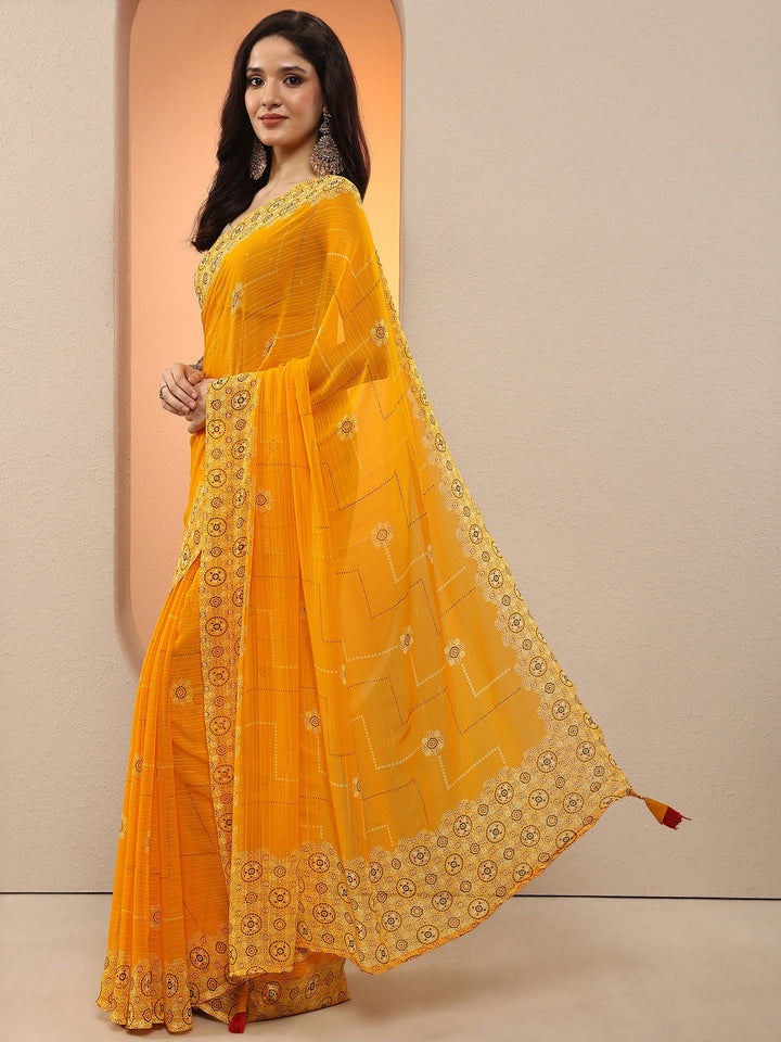 Yellow Printed Georgette Saree With Unstitched Blouse Piece