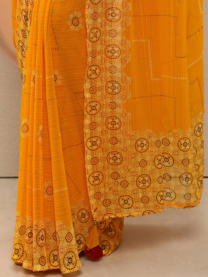 Yellow Printed Georgette Saree With Unstitched Blouse Piece
