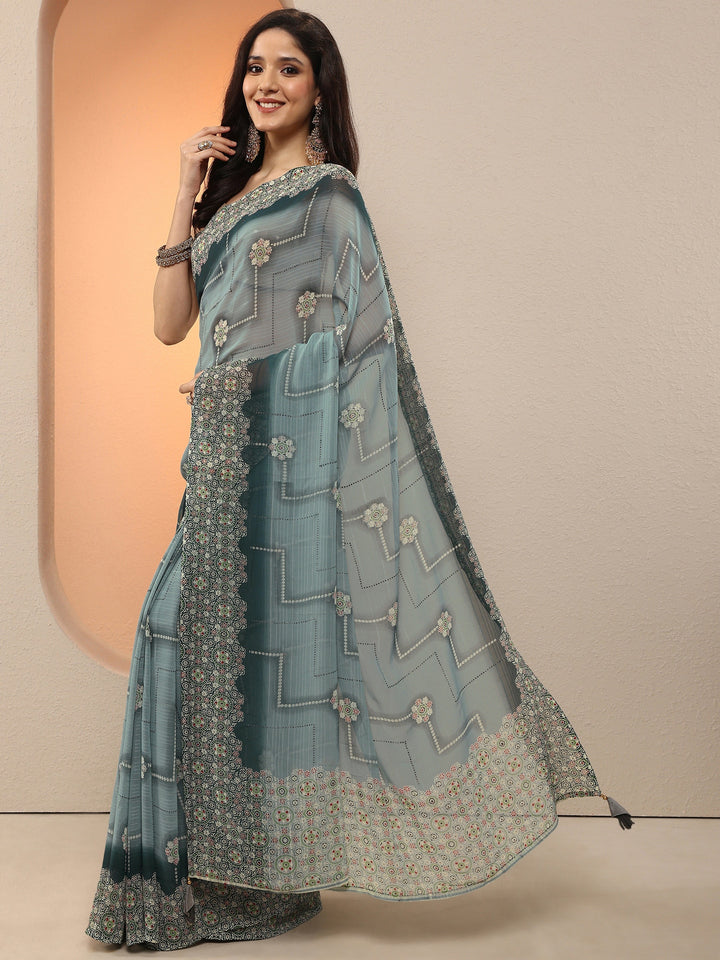 Grey Printed Georgette Saree With Unstitched Blouse Piece