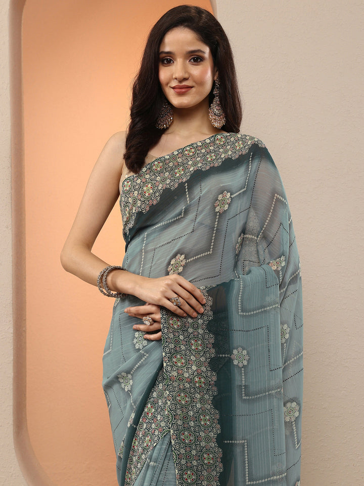 Grey Printed Georgette Saree With Unstitched Blouse Piece