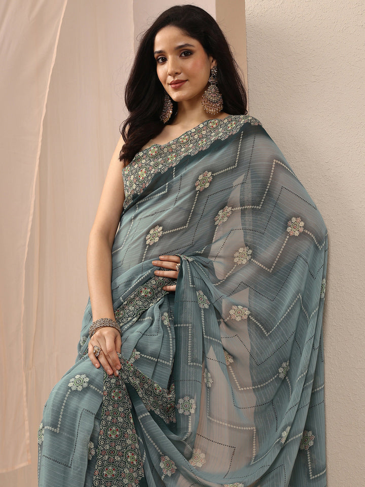 Grey Printed Georgette Saree With Unstitched Blouse Piece