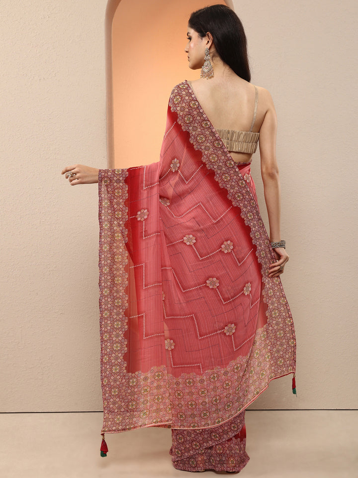 Peach Printed Georgette Saree With Unstitched Blouse Piece