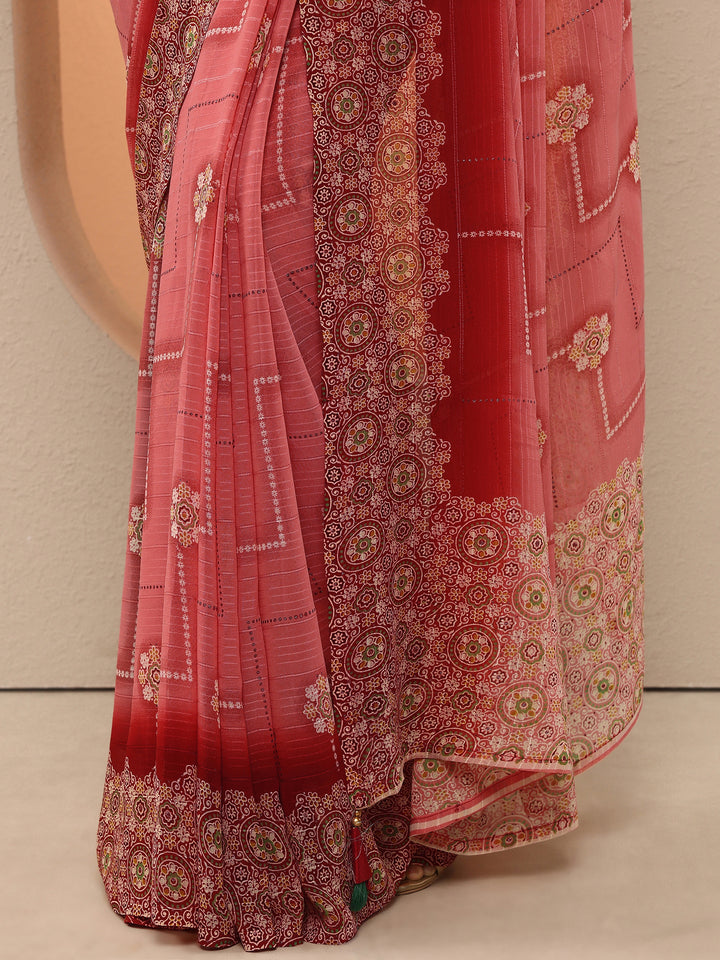 Peach Printed Georgette Saree With Unstitched Blouse Piece