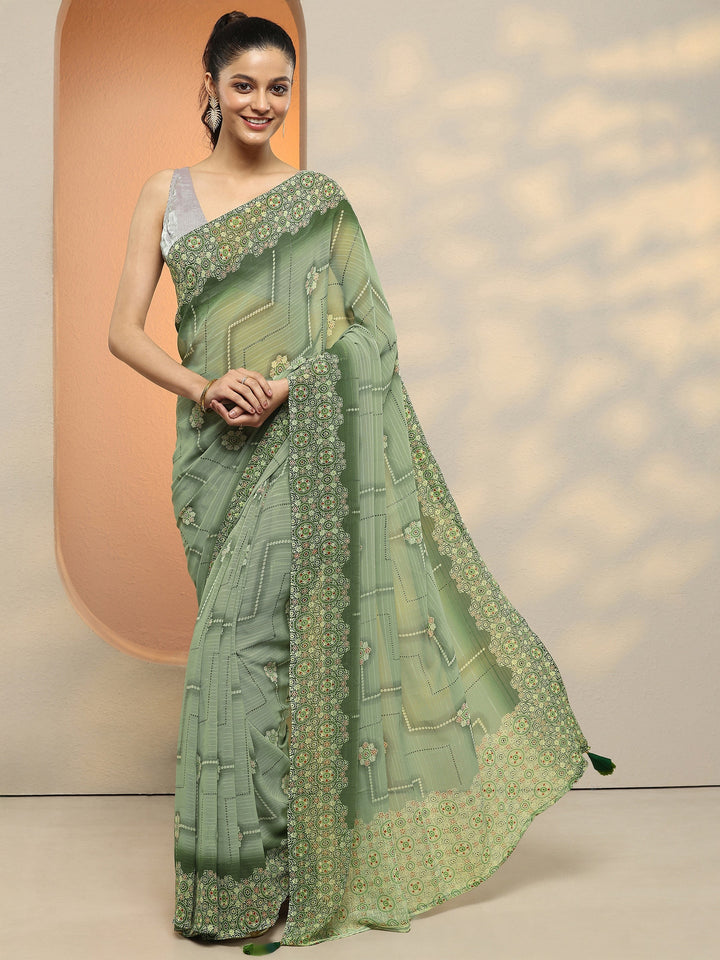 Green Printed Georgette Saree With Unstitched Blouse Piece