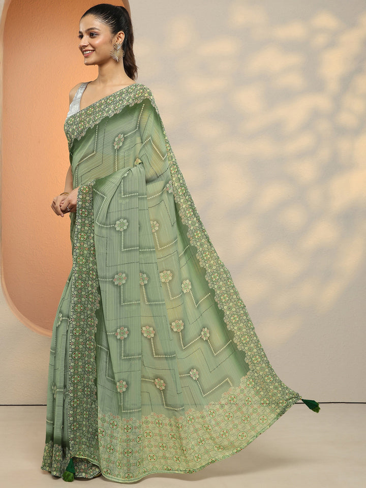 Green Printed Georgette Saree With Unstitched Blouse Piece