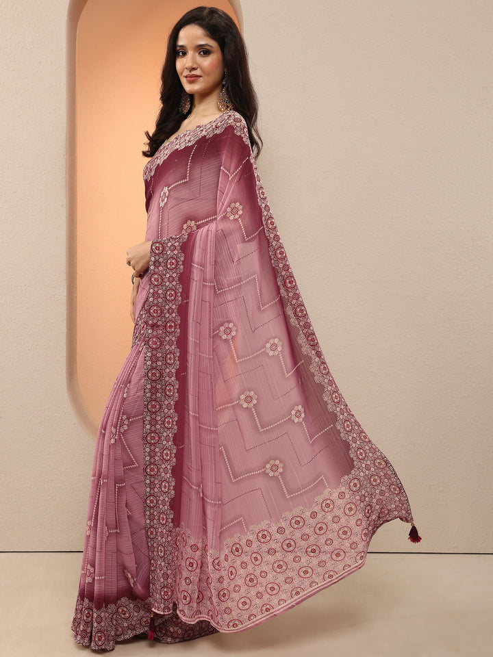 Pink Printed Georgette Saree With Unstitched Blouse Piece