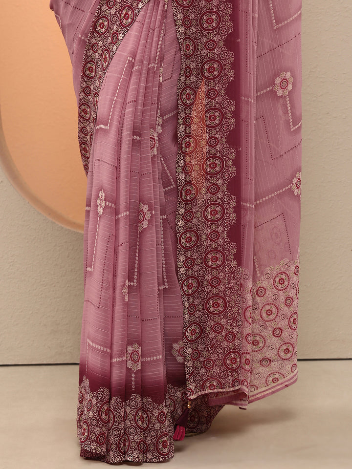Pink Printed Georgette Saree With Unstitched Blouse Piece