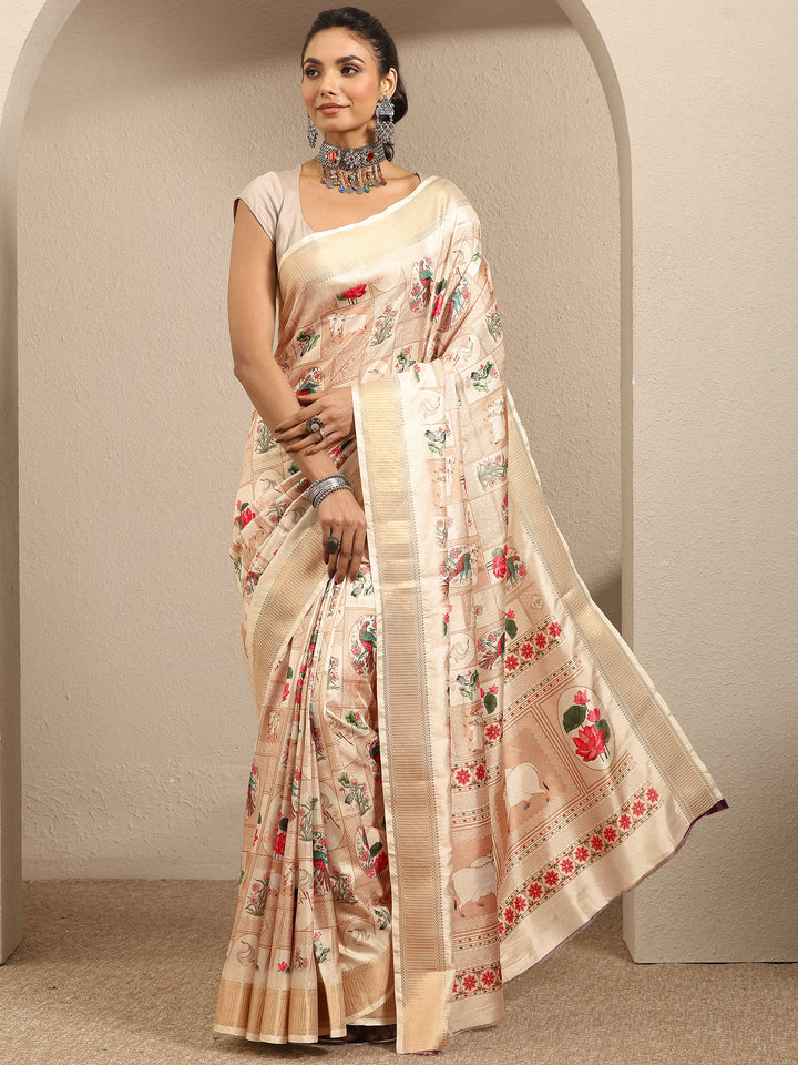 Gold Printed Silk Blend Saree With Unstitched Blouse Piece
