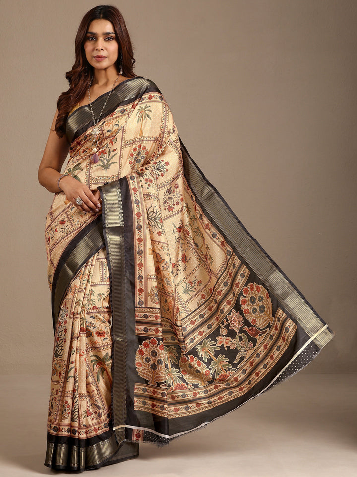 Gold Printed Silk Blend Saree With Unstitched Blouse Piece