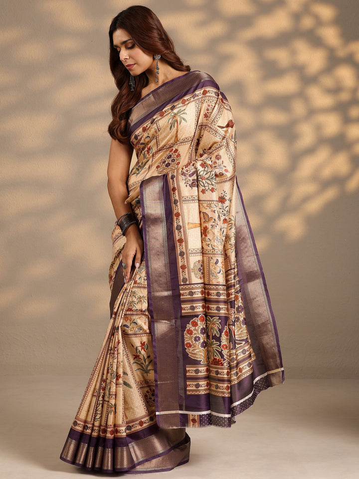 Gold Printed Silk Blend Saree With Unstitched Blouse Piece