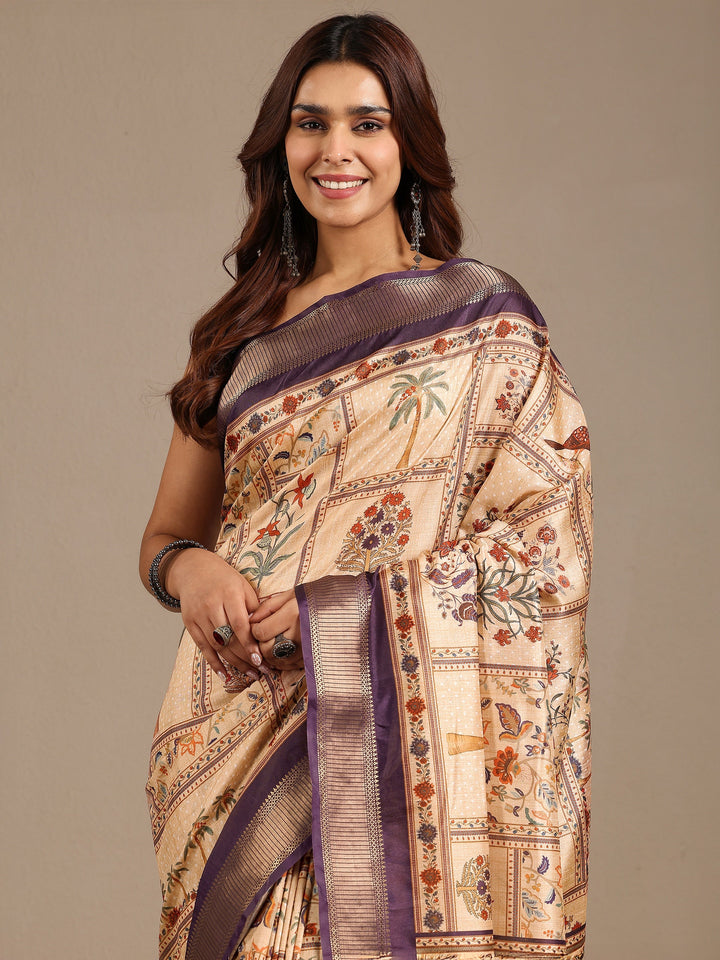 Gold Printed Silk Blend Saree With Unstitched Blouse Piece