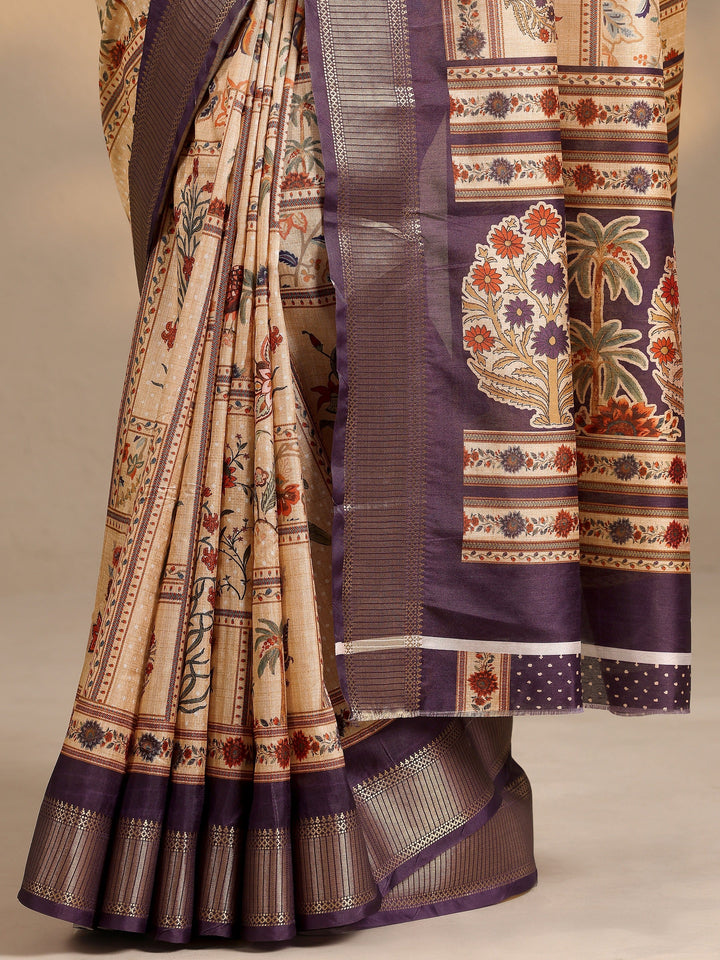 Gold Printed Silk Blend Saree With Unstitched Blouse Piece